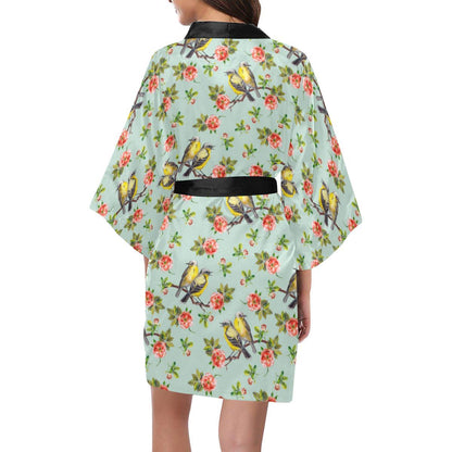 Bird with Red Flower Print Pattern Women Short Kimono Robe