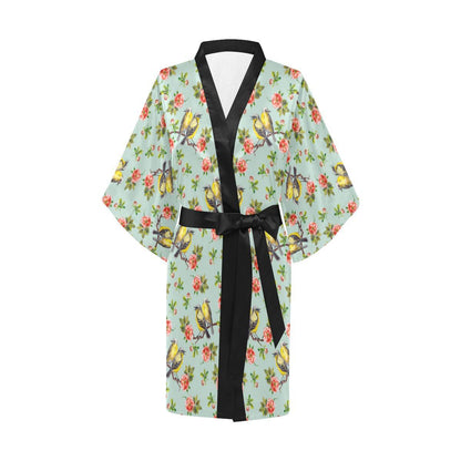 Bird with Red Flower Print Pattern Women Short Kimono Robe
