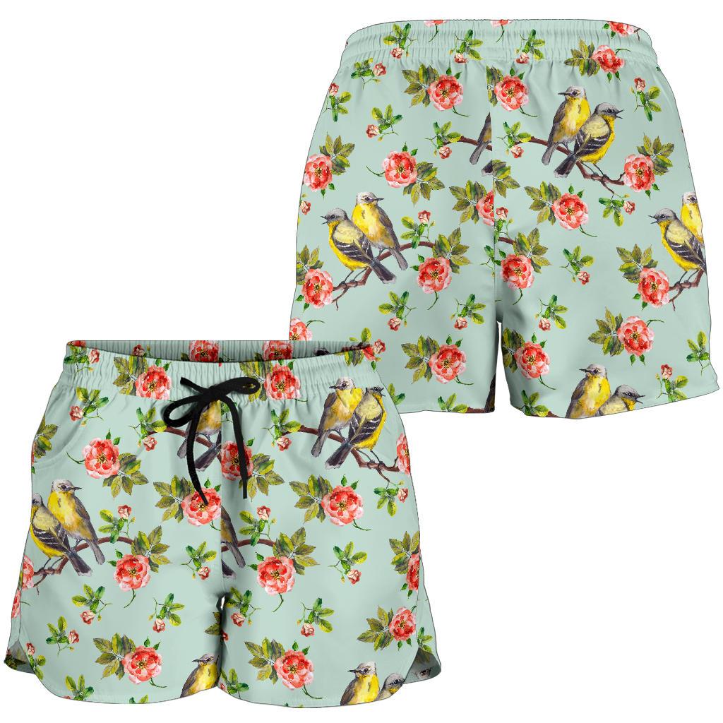 Bird with Red Flower Print Pattern Women Shorts-JTAMIGO.COM