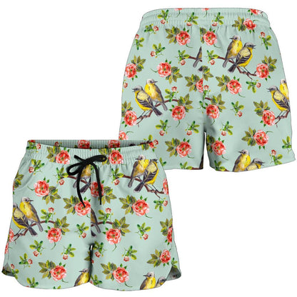 Bird with Red Flower Print Pattern Women Shorts-JTAMIGO.COM
