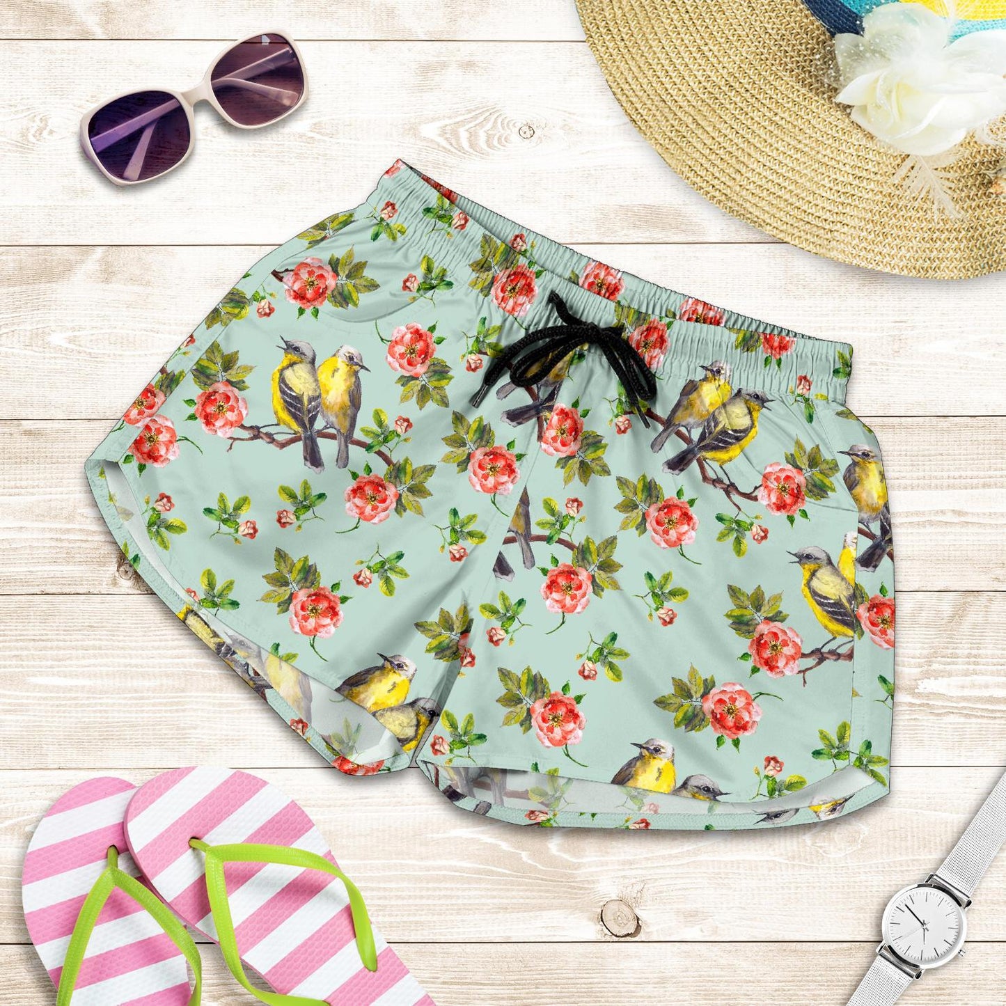 Bird with Red Flower Print Pattern Women Shorts-JTAMIGO.COM