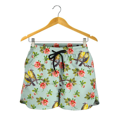 Bird with Red Flower Print Pattern Women Shorts-JTAMIGO.COM