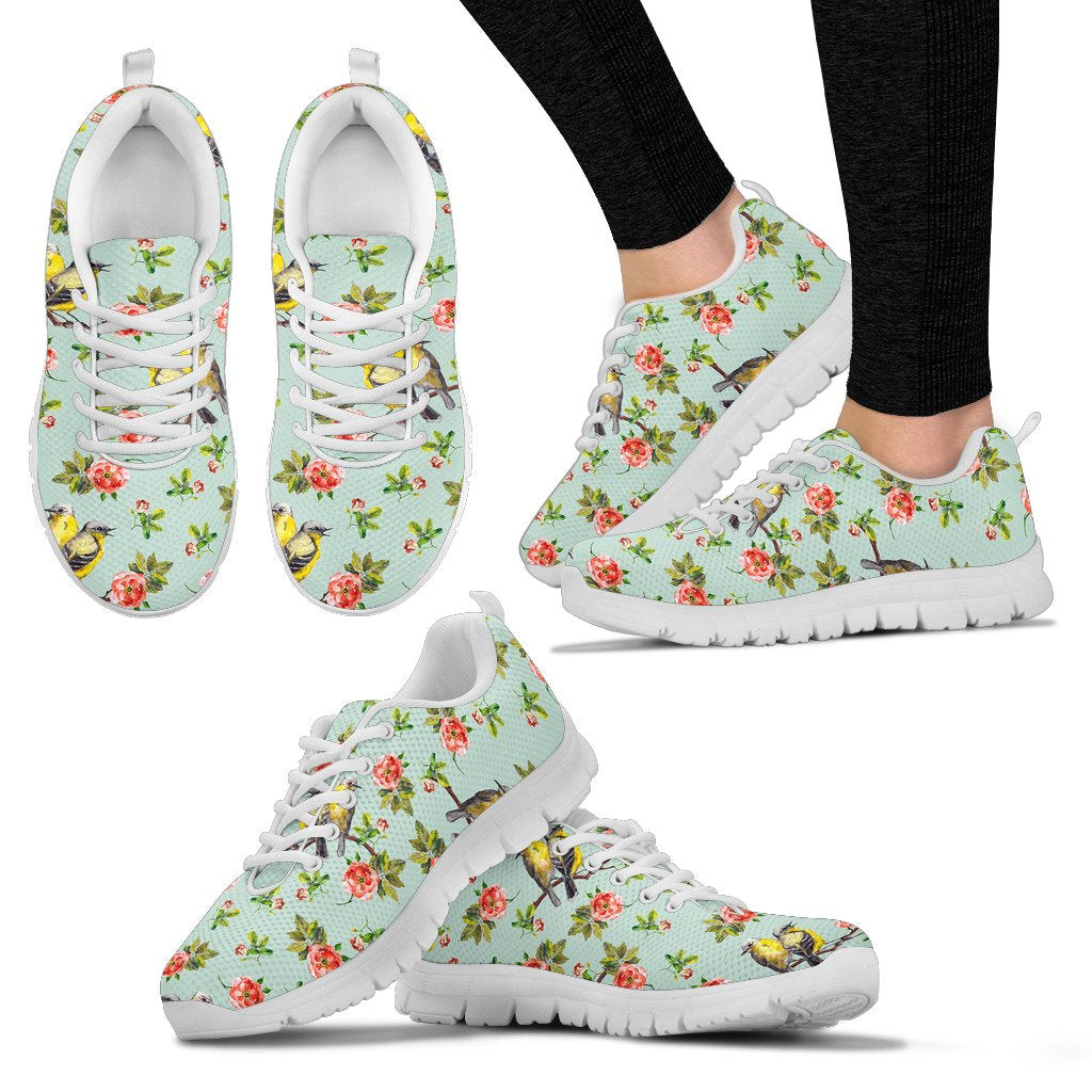 Bird With Red Flower Print Pattern Women Sneakers Shoes