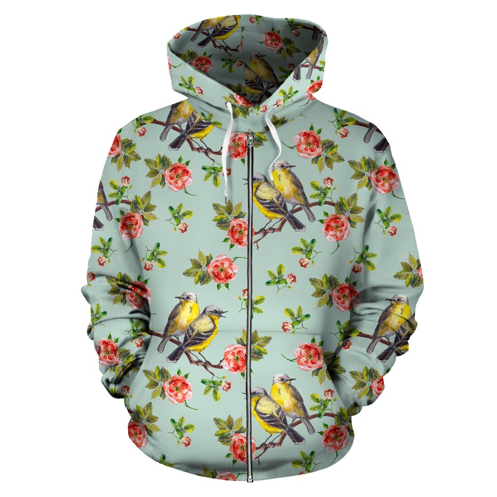 Bird with Red Flower Print Pattern Zip Up Hoodie
