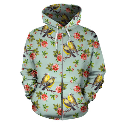 Bird with Red Flower Print Pattern Zip Up Hoodie