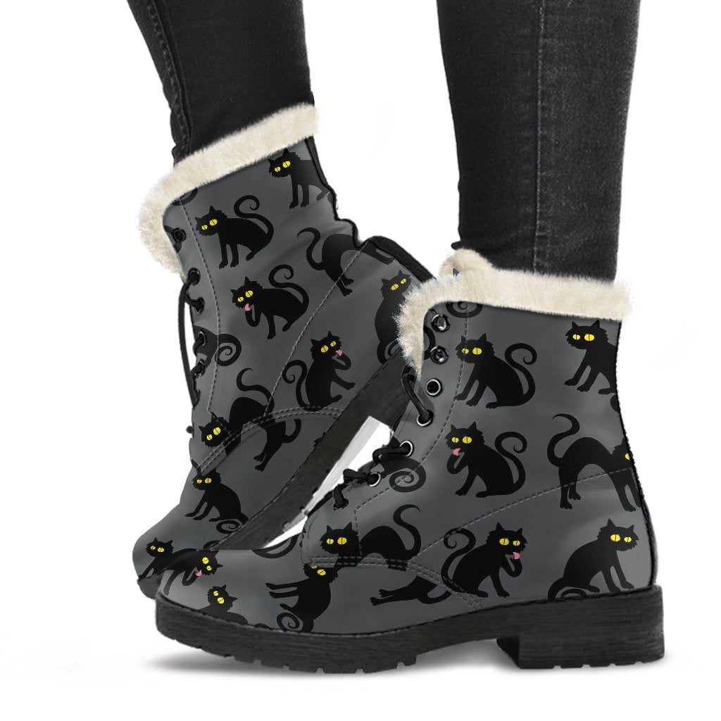 Black Cat Cute Print Pattern Faux Fur Leather Boots-JTAMIGO.COM