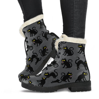 Black Cat Cute Print Pattern Faux Fur Leather Boots-JTAMIGO.COM