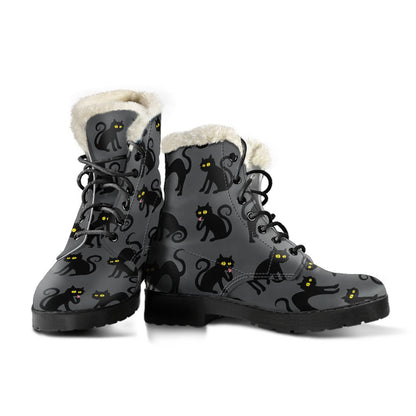 Black Cat Cute Print Pattern Faux Fur Leather Boots-JTAMIGO.COM