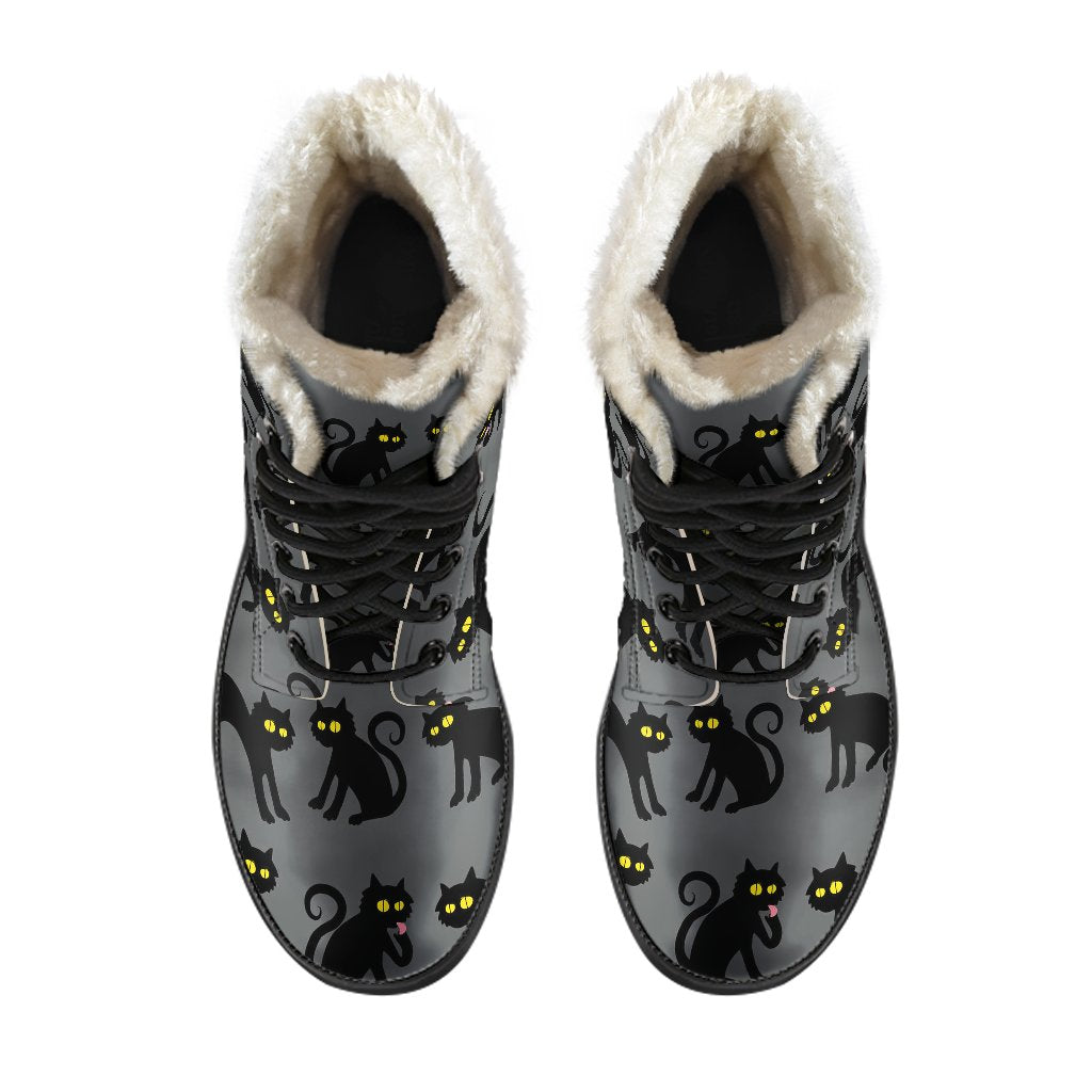 Black Cat Cute Print Pattern Faux Fur Leather Boots-JTAMIGO.COM