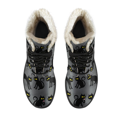 Black Cat Cute Print Pattern Faux Fur Leather Boots-JTAMIGO.COM