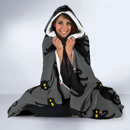 Black Cat Cute Print Pattern Hooded Blanket-JTAMIGO.COM