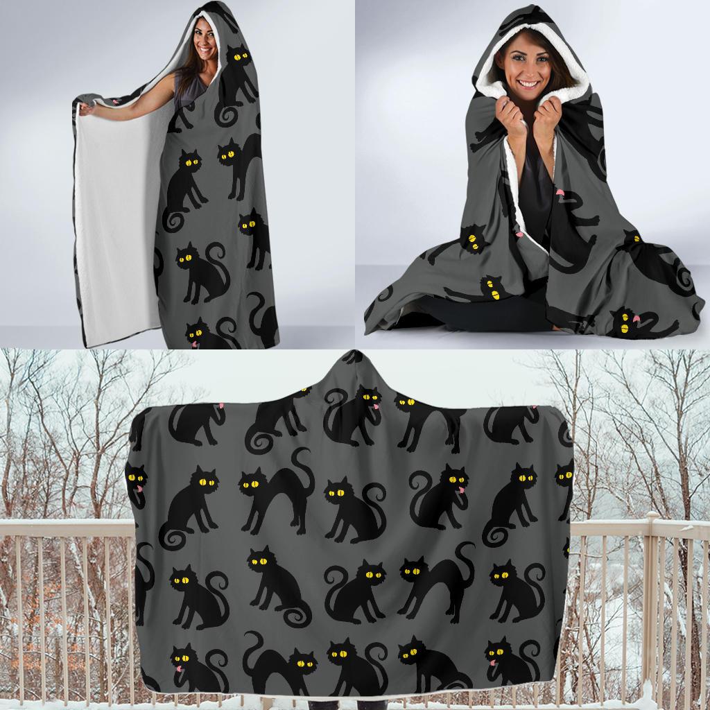 Black Cat Cute Print Pattern Hooded Blanket-JTAMIGO.COM