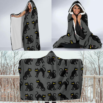 Black Cat Cute Print Pattern Hooded Blanket-JTAMIGO.COM