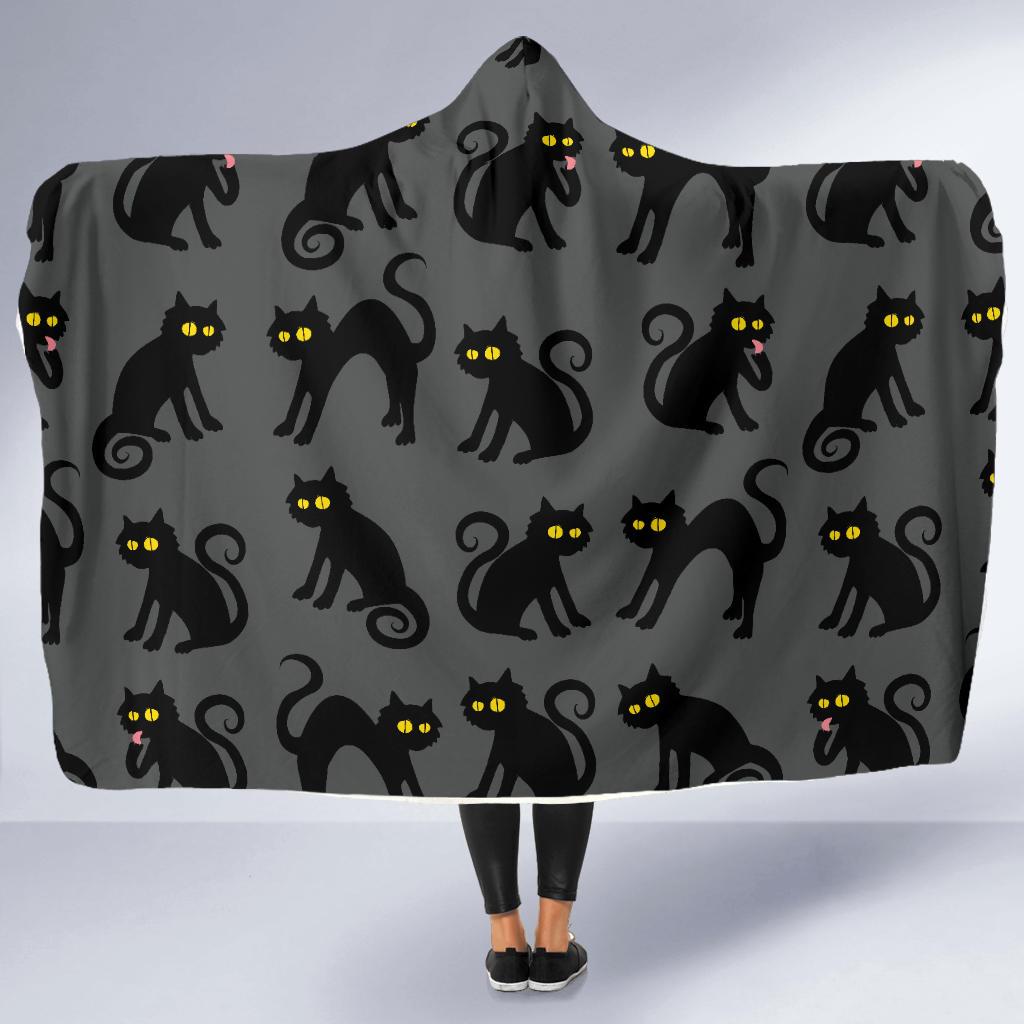 Black Cat Cute Print Pattern Hooded Blanket-JTAMIGO.COM