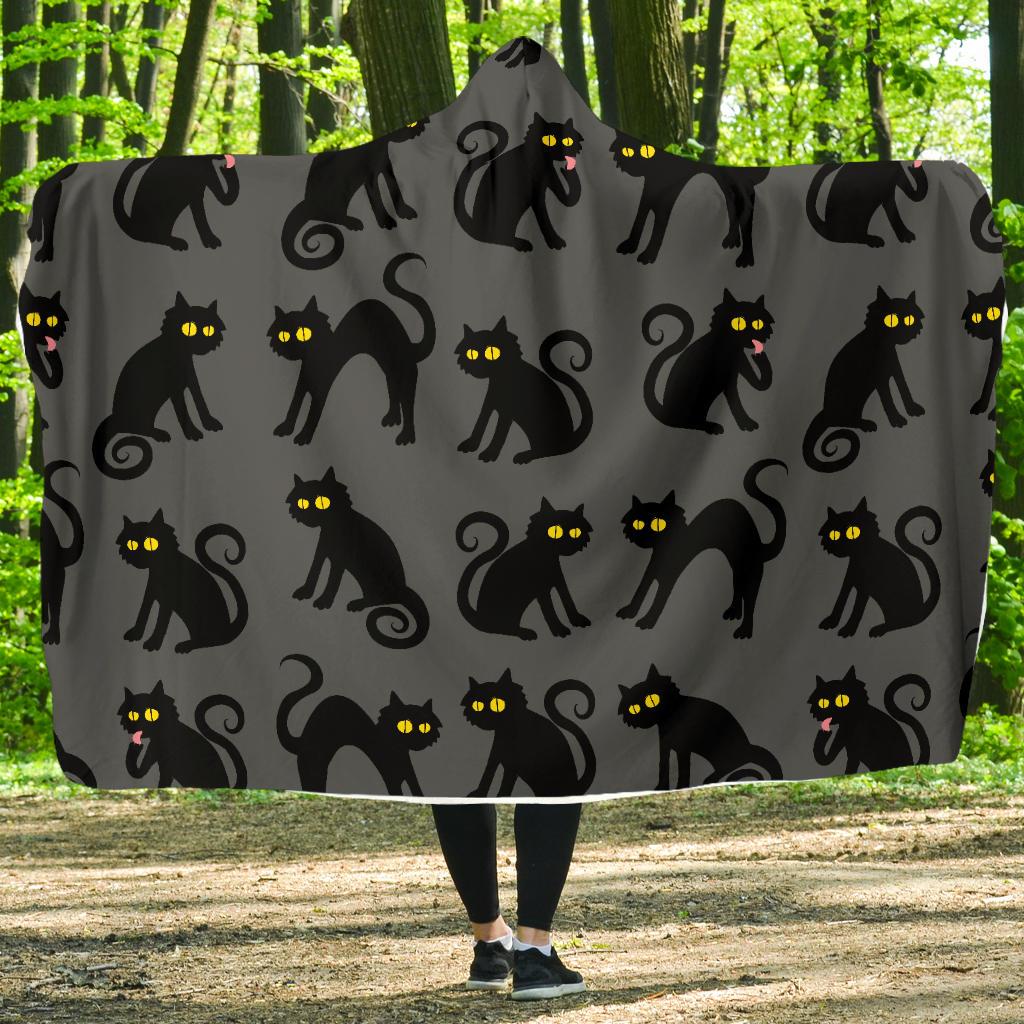 Black Cat Cute Print Pattern Hooded Blanket-JTAMIGO.COM