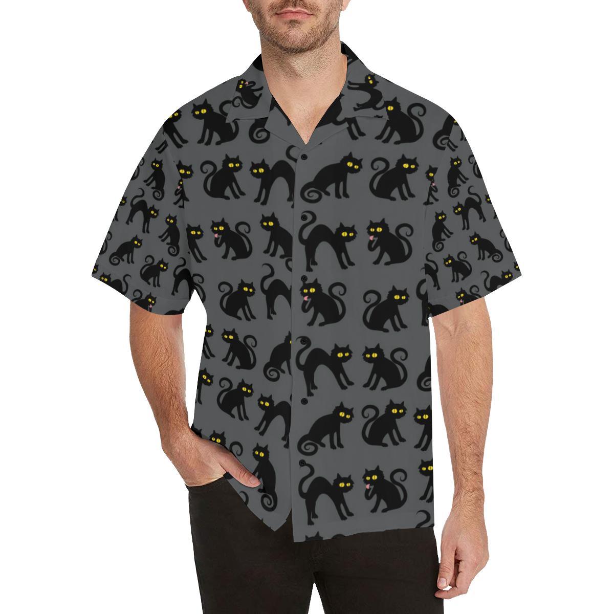 Black Cat Cute Print Pattern Men Aloha Hawaiian Shirt