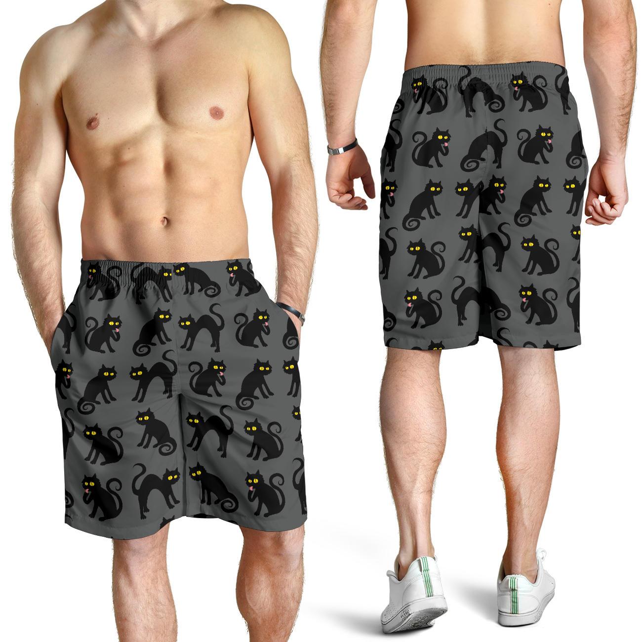 Black Cat Cute Print Pattern Mens Shorts-JTAMIGO.COM
