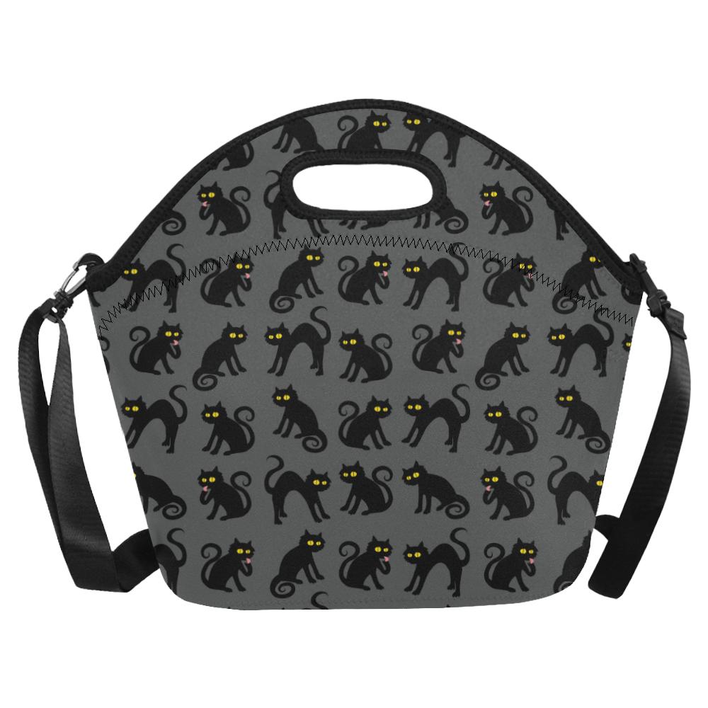 Black Cat Cute Print Pattern Neoprene Lunch Bag (Model 1669)(Large)-JTAMIGO.COM