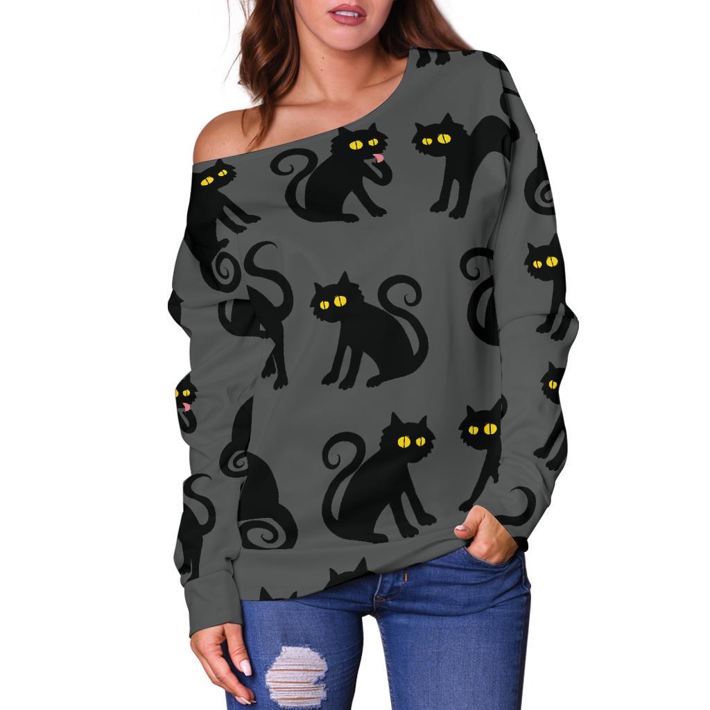 Black Cat Cute Print Pattern Off Shoulder Sweatshirt