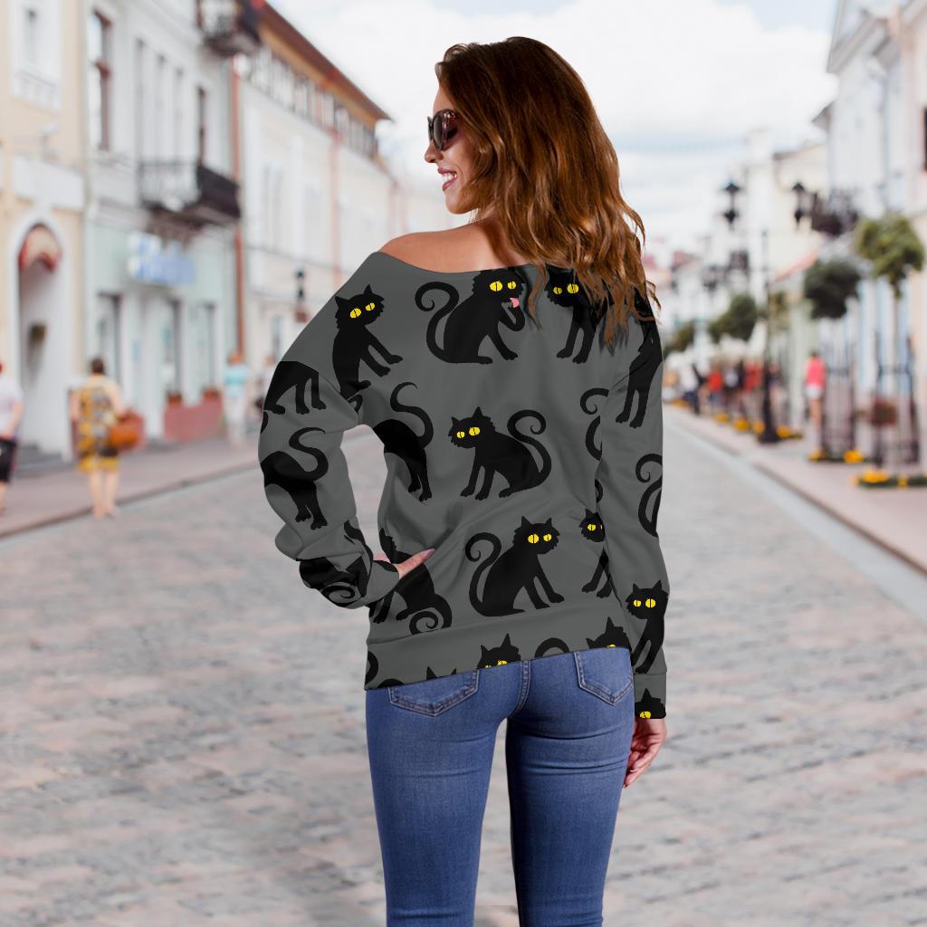 Black Cat Cute Print Pattern Off Shoulder Sweatshirt