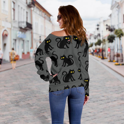 Black Cat Cute Print Pattern Off Shoulder Sweatshirt