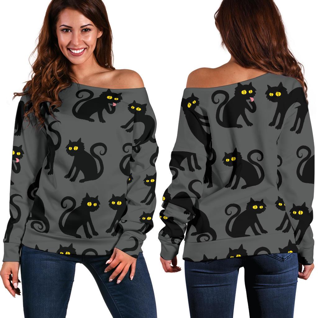 Black Cat Cute Print Pattern Off Shoulder Sweatshirt