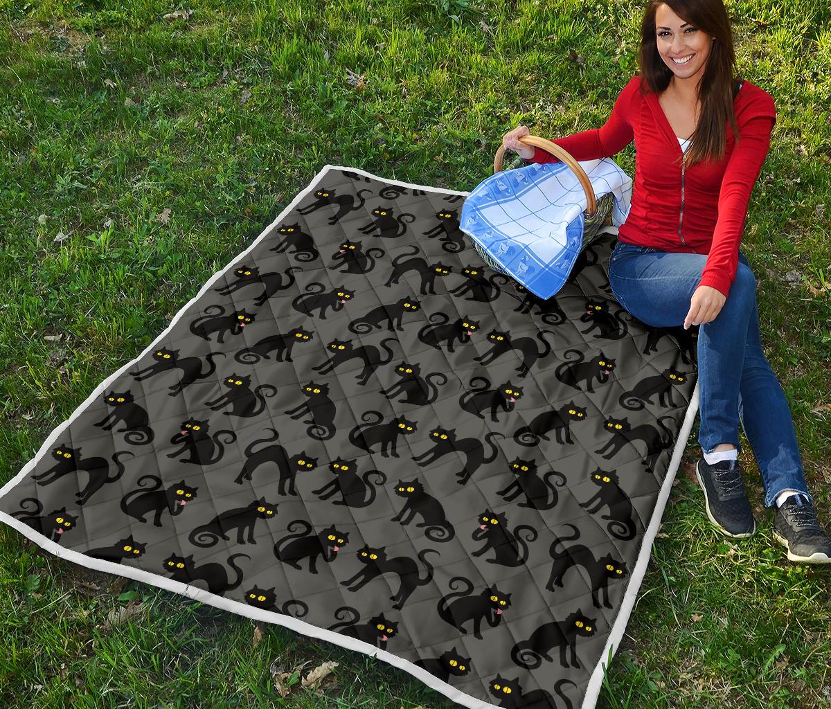 Black Cat Cute Print Pattern Premium Quilt-JTAMIGO.COM