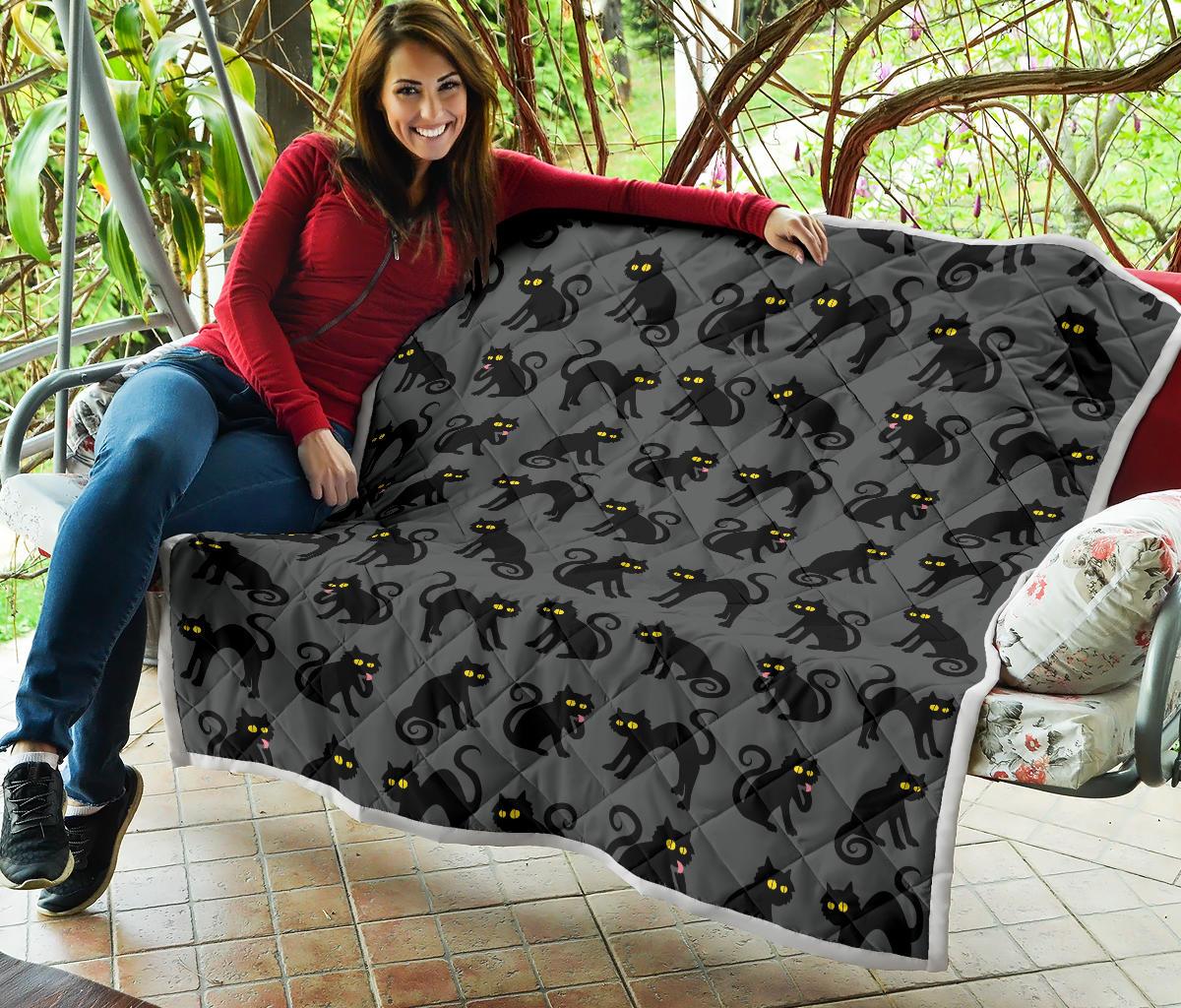 Black Cat Cute Print Pattern Premium Quilt-JTAMIGO.COM
