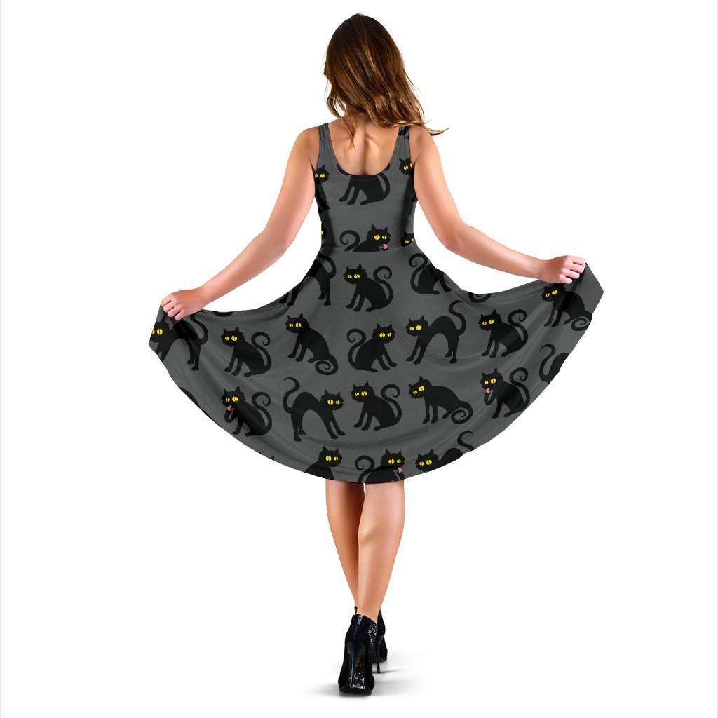 Black Cat Cute Print Pattern Sleeveless Dress