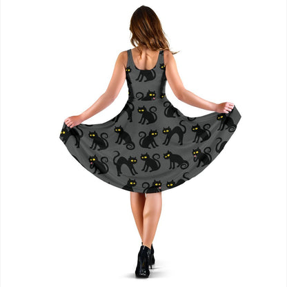 Black Cat Cute Print Pattern Sleeveless Dress