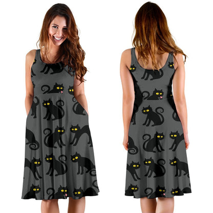 Black Cat Cute Print Pattern Sleeveless Dress