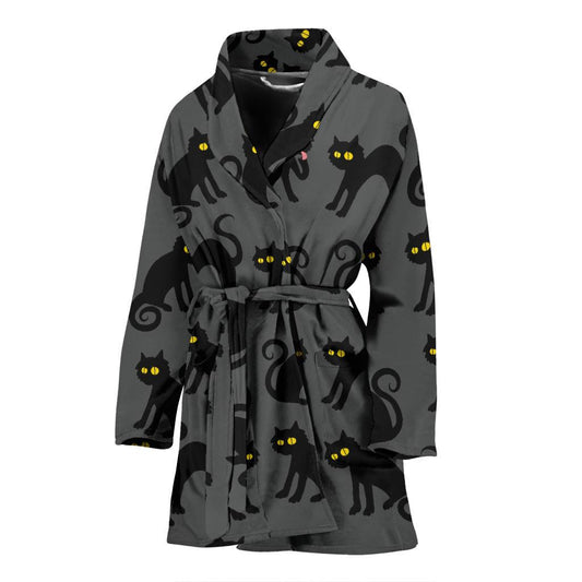 Black Cat Cute Print Pattern Women Bath Robe-JTAMIGO.COM