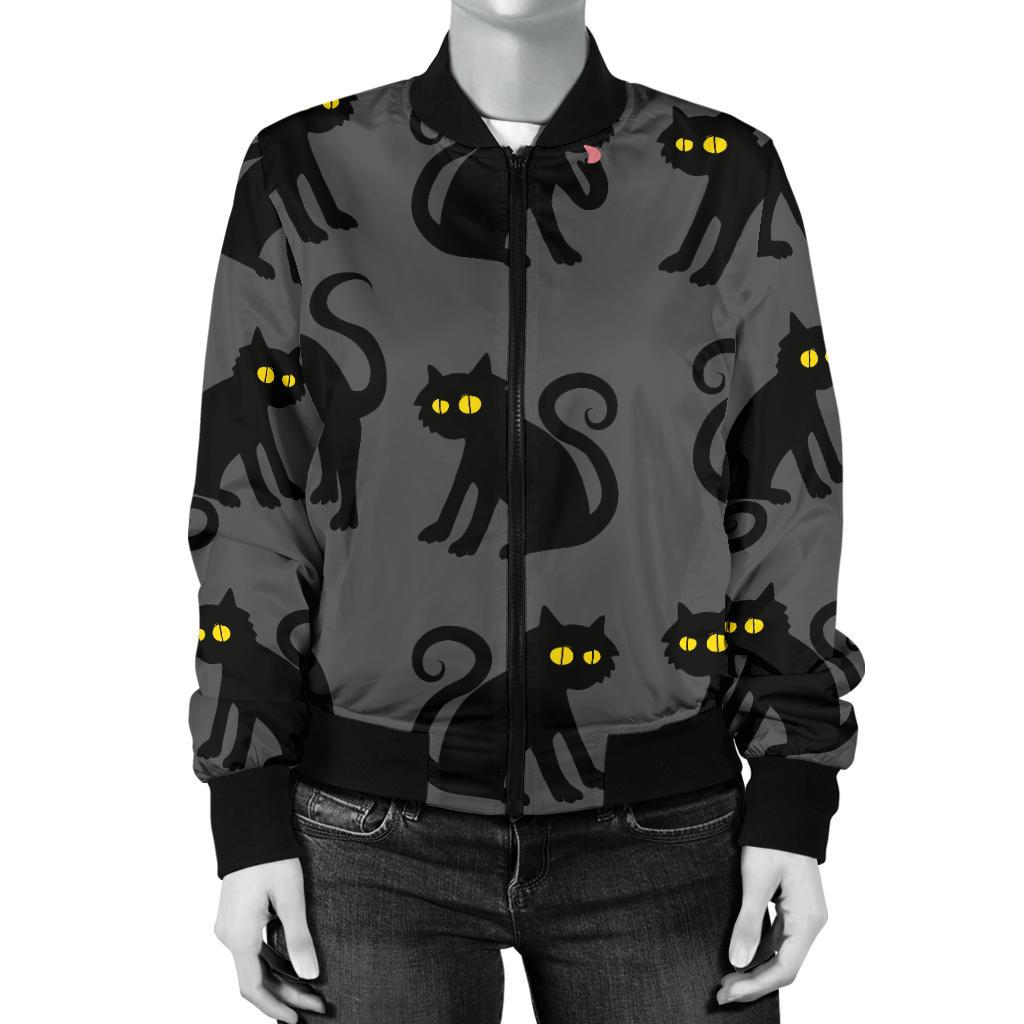 Black Cat Cute Print Pattern Women Casual Bomber Jacket
