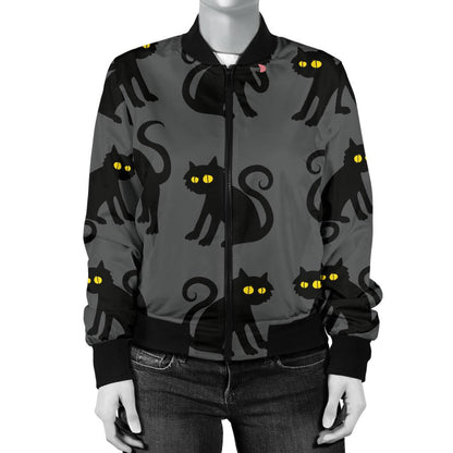 Black Cat Cute Print Pattern Women Casual Bomber Jacket