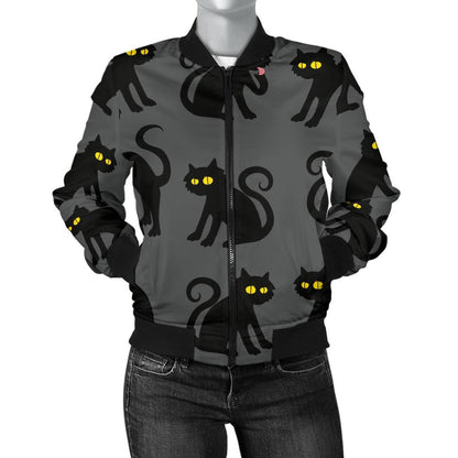 Black Cat Cute Print Pattern Women Casual Bomber Jacket