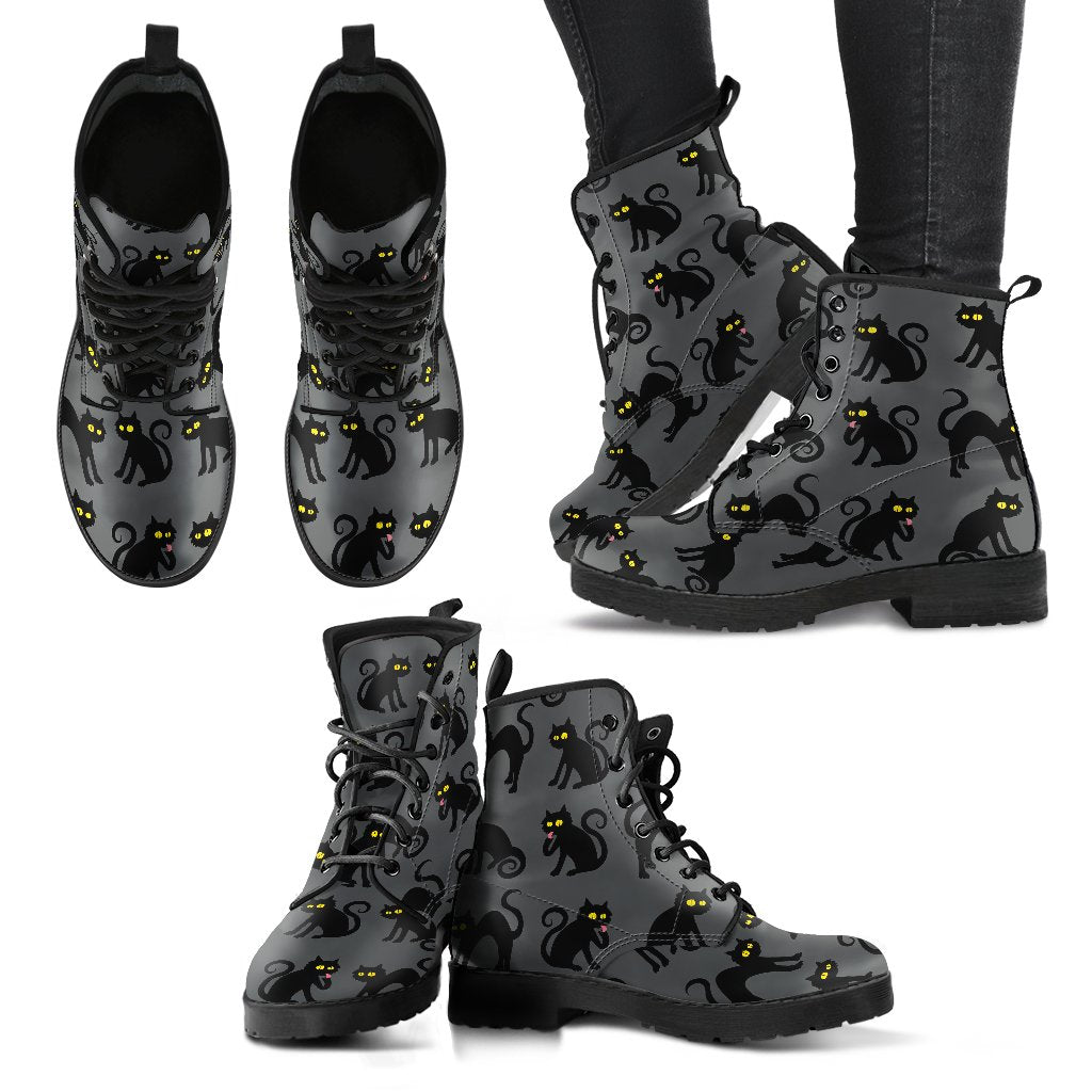Black Cat Cute Print Pattern Women Leather Boots-JTAMIGO.COM