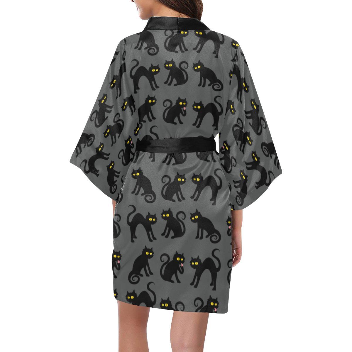 Black Cat Cute Print Pattern Women Short Kimono Robe