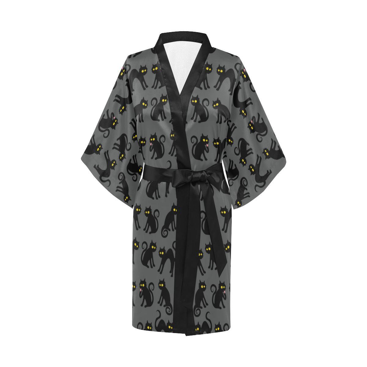 Black Cat Cute Print Pattern Women Short Kimono Robe