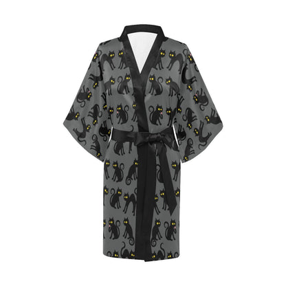 Black Cat Cute Print Pattern Women Short Kimono Robe