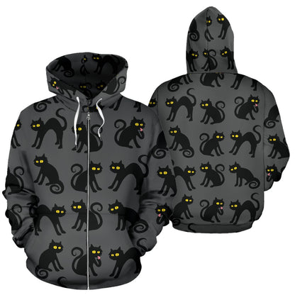 Black Cat Cute Print Pattern Zip Up Hoodie