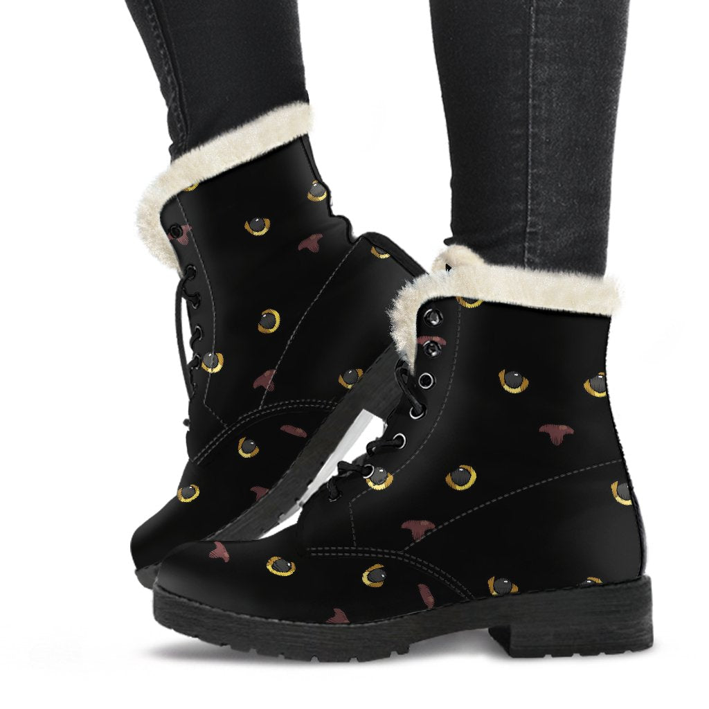 Black Cat Face Print Pattern Faux Fur Leather Boots-JTAMIGO.COM