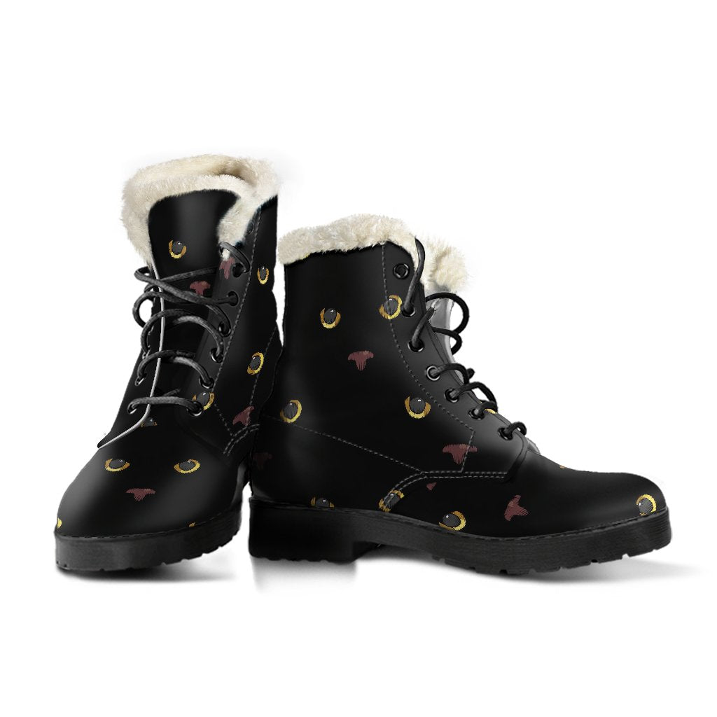 Black Cat Face Print Pattern Faux Fur Leather Boots-JTAMIGO.COM