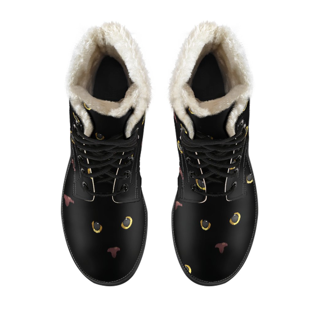 Black Cat Face Print Pattern Faux Fur Leather Boots-JTAMIGO.COM