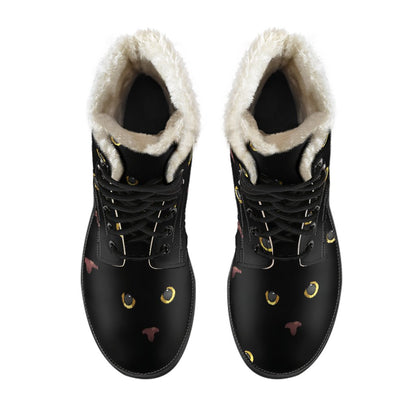 Black Cat Face Print Pattern Faux Fur Leather Boots-JTAMIGO.COM