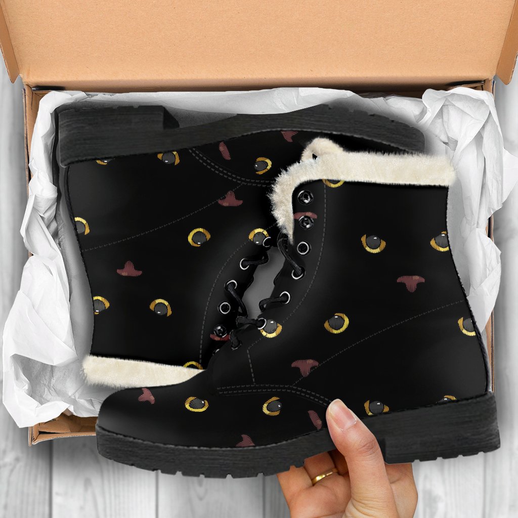 Black Cat Face Print Pattern Faux Fur Leather Boots-JTAMIGO.COM