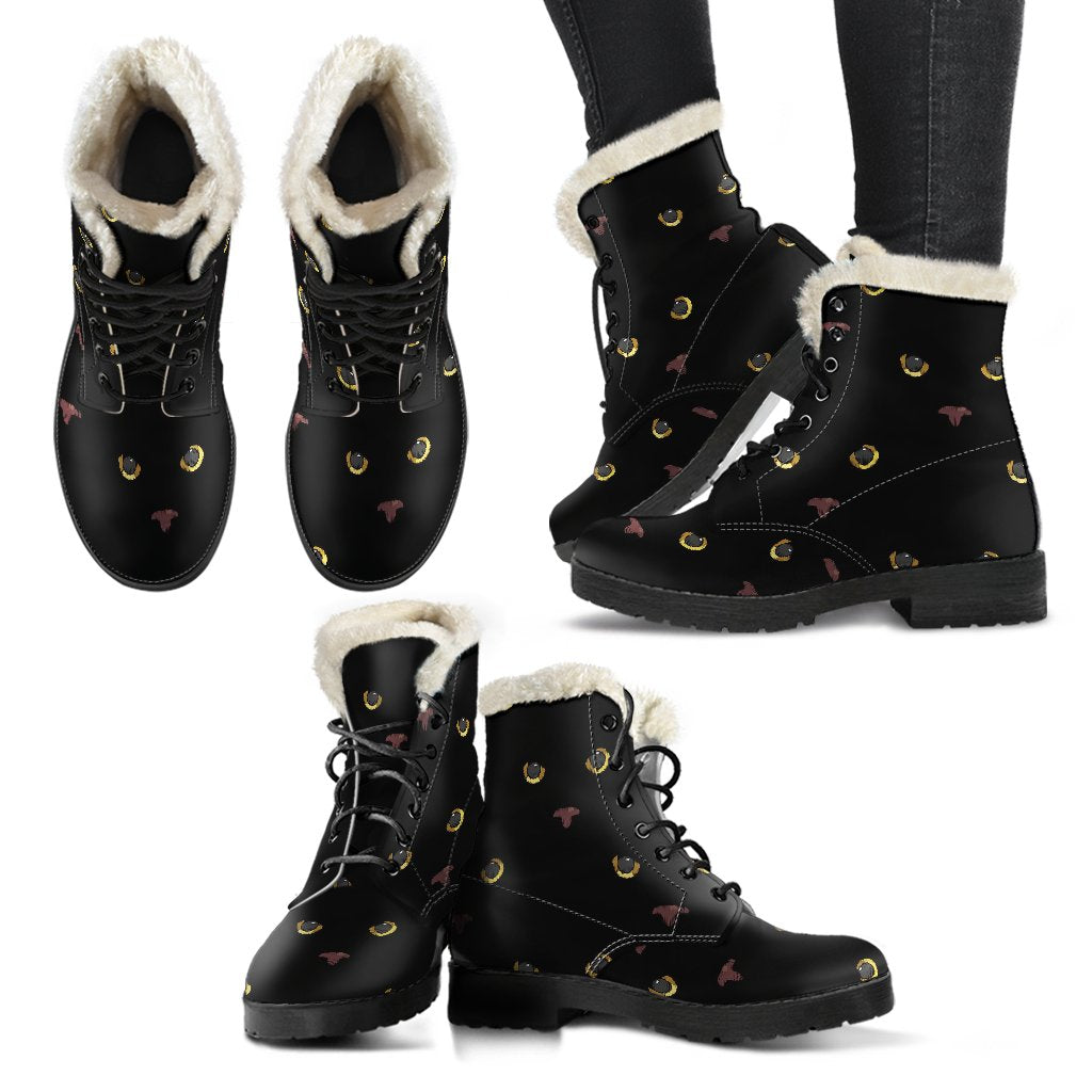 Black Cat Face Print Pattern Faux Fur Leather Boots-JTAMIGO.COM