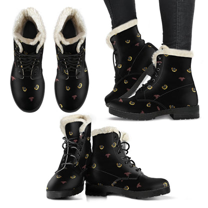 Black Cat Face Print Pattern Faux Fur Leather Boots-JTAMIGO.COM