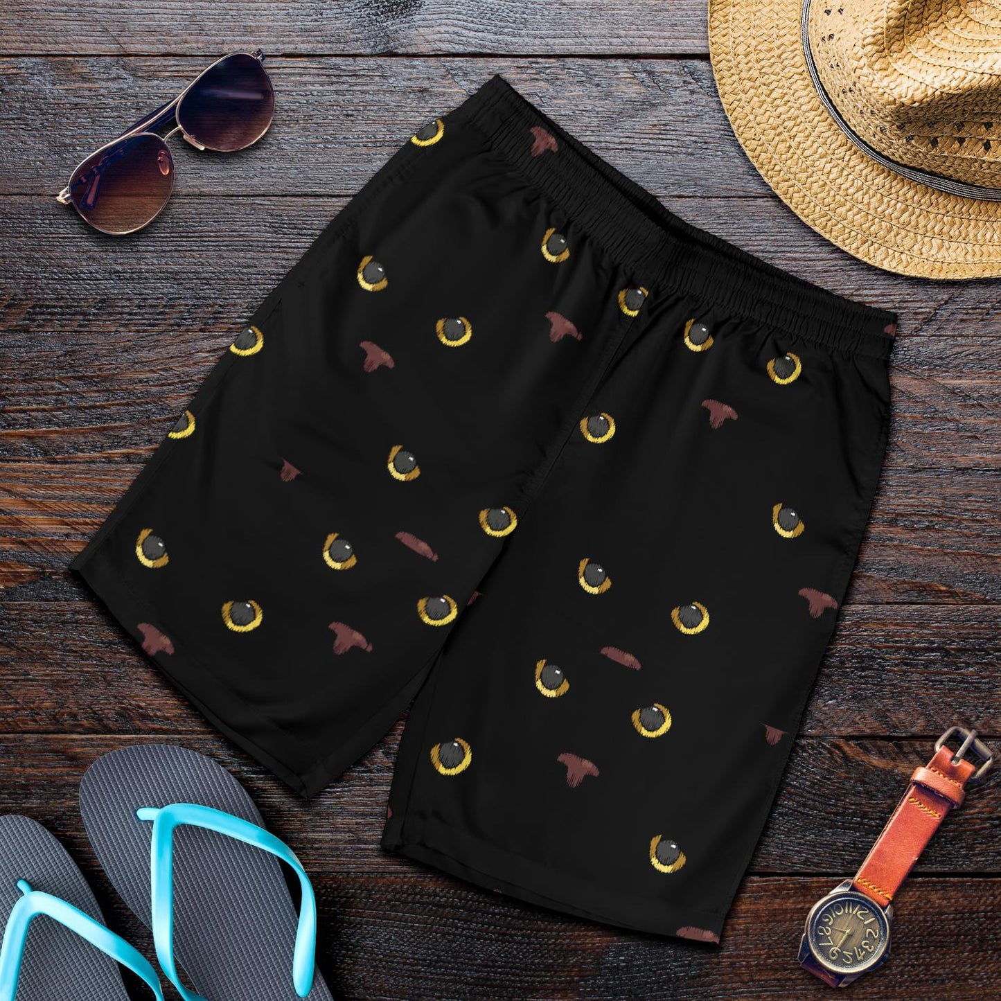 Black Cat Face Print Pattern Mens Shorts-JTAMIGO.COM