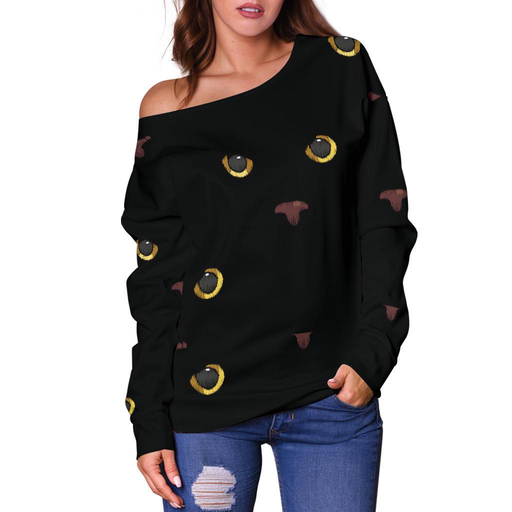 Black Cat Face Print Pattern Off Shoulder Sweatshirt