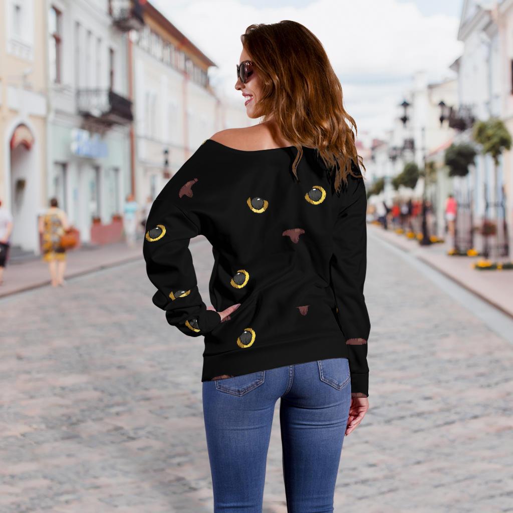 Black Cat Face Print Pattern Off Shoulder Sweatshirt